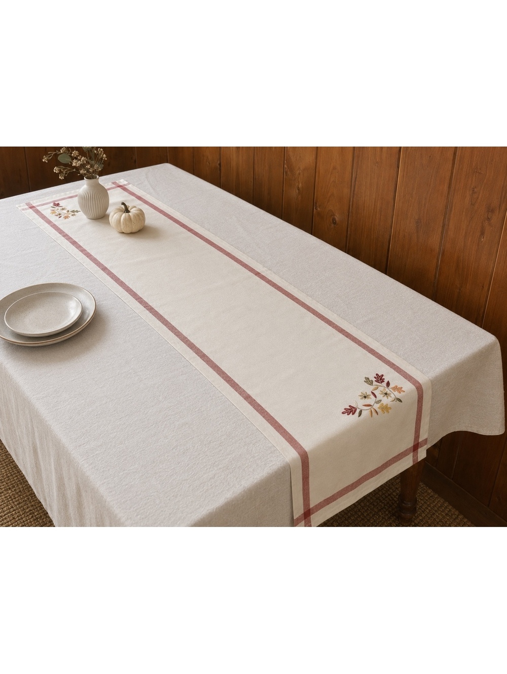Fall Table Runner 14x70 Embroidered Autumn Leaves Floral Red Plaid Cotton